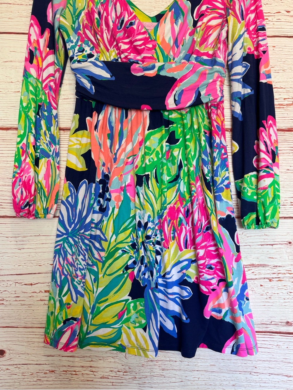 Lilly Pulitzer Fleur Dress in Resort Navy Travelers Palm Sz S - Picture 5 of 9